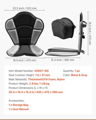 VEVOR Κάθισμα Καγιάκ Universal, 31 mm Πάχος με Ρυθμιζόμενα Λουριά κ...