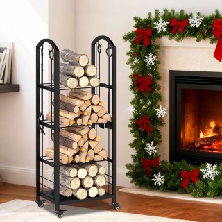 Costway Τετράροφη Κινητή Ξυλοθήκη από Μέταλλο & Ξύλο με Λαβίδα για ...