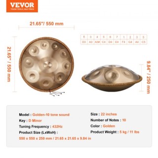 VEVOR Χειροποίητο Τύμπανο 22 με 10 Νότες σε Ρε Ελάσσονα με Μπαγκέτα...