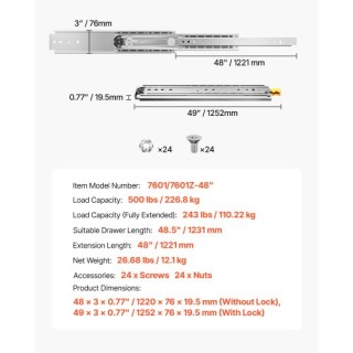 VEVOR Συρόμενοι Οδηγοί Συρταριών με Μπάλα και Απαλό Κλείσιμο 16-60 ...