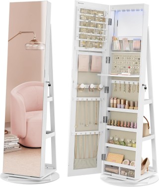 SONGMICS Λευκή Κοσμηματοθήκη Καθρέφτης με LED Φωτισμό και Αποθηκευτ...