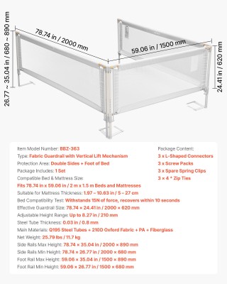 VEVOR Γκρι Προστατευτικό Κάγκελο 3 Όψεων για Κούνια, 2000 x 680 mm,...