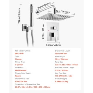 VEVOR Σετ Ντους με Τετράγωνο Κεφαλή Βροχής 10 και Χειρολαβή σε Χρώμ...