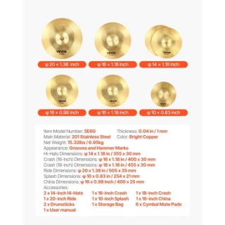 VEVOR Σετ Πιατινιών 6 Τεμαχίων (10, 14, 16, 18, 20) για Ντραμς CPTZ...