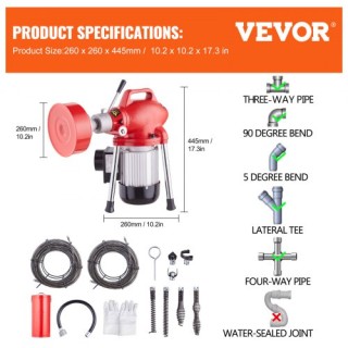 VEVOR Μηχανή Καθαρισμού Αποχέτευσης 36.5μ x 16mm 370W Ελικοειδής Φί...