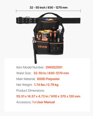 VEVOR Ρυθμιζόμενη Εργαλειοθήκη Ζώνης για Ηλεκτρολόγους & Ξυλουργούς...