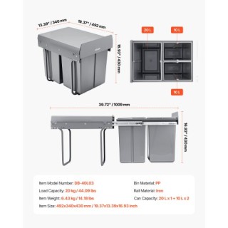 VEVOR Διπλός Κάδος Απορριμμάτων Κουζίνας με Συρόμενη Βάση 20+10+10L...