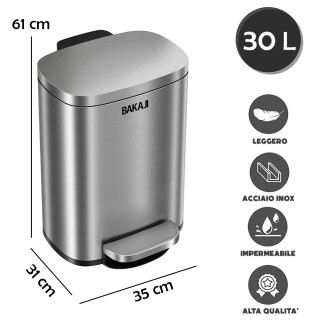 BAKAJI Κάδος Απορριμμάτων 35 x 31 x 61 cm με Πεντάλ 30L από Ανοξείδ...