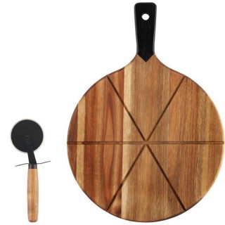 BAKAJI  Ξύλινος Δίσκος Σερβιρίσματος Πίτσας με Ροδέλα Κοπής Διάμετρ...