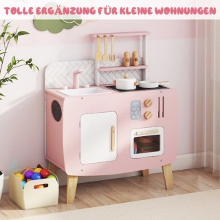 Costway Ροζ Ξύλινη Παιδική Κουζίνα με Σκεύη & Νεροχύτη 73,5 x 58 x ...