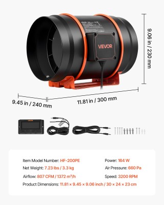 VEVOR Ανεμιστήρας Αεραγωγού Inline 1372 m³/h 203 mm με EC Κινητήρα,...