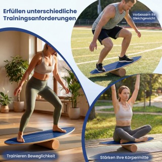 Costway Ξύλινη σανίδα ισορροπίας για ενήλικες με ρολό φελλού, μπλε,...