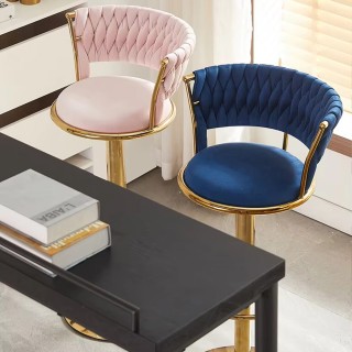 BAKAJI  Σετ 2 Σκαμπό Κουζίνας Μπαρ με Πλεκτή Πλάτη σε Μπλε Βελούδο ...