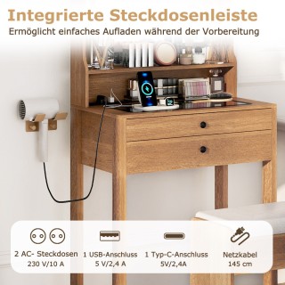 Costway Σετ Τουαλέτας Μακιγιάζ με Μαξιλαρωμένο Σκαμπό, Πρίζες & Καθ...