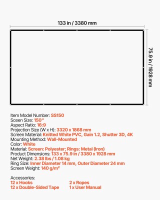 VEVOR Οθόνη Προβολής 4K HD 150 ιντσών, Επιτοίχια με 12 Γάντζους και...