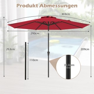 Costway Κόκκινη Τέντα Βεράντας Ø303 cm με Συρόμενη Μανιβέλα και Ρυθ...