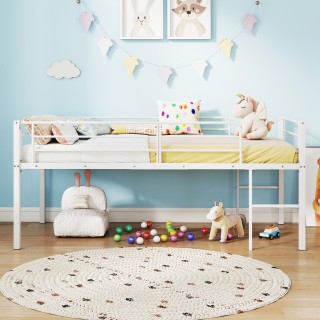 Costway Λευκό Μεταλλικό Χαμηλό Κρεβάτι Loft με Προστατευτικά Κάγκελ...