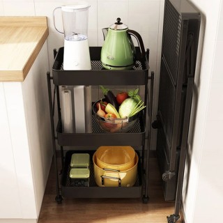 BAKAJI Πτυσσόμενο Μεταλλικό Τρόλεϊ Κουζίνας 3 Ραφιών με 4 Ρόδες Μαύ...