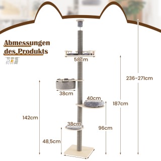 Costway Ρυθμιζόμενο Γκρι Ουρανοξύστης Γάτας 236-271 cm με 5 Επίπεδα...