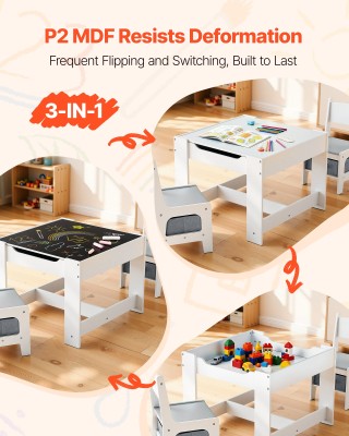 VEVOR Παιδικό Τραπέζι και 2 Καρέκλες με Αποθηκευτικό Χώρο, Λευκό Ξύ...