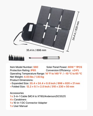 VEVOR 60W Φορητός Πτυσσόμενος Φορτιστής Ηλιακής Ενέργειας 24% Aποδο...