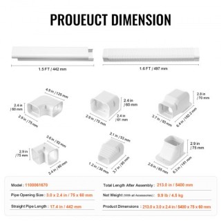 VEVOR  Κάλυμμα Γραμμής Mini Split 76.2mm x 5400mm, Λευκό, Εύκολη Εγ...
