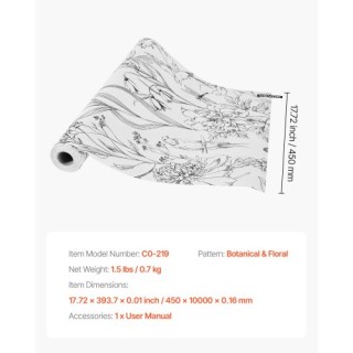 VEVOR Λευκή Ανθική Αυτοκόλλητη Ταπετσαρία 45x1000cm Αδιάβροχη BZCCB...