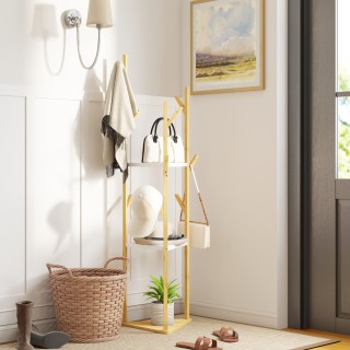 HOMCOM Δέντρο Κρεμάστρα από Μπαμπού με 8 Γάντζους και 3 Ράφια, 45x4...