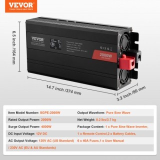VEVOR Inverter 2000W 12V/230V LCD Remote CE  CZXNBQ2000WCKAYAZV2