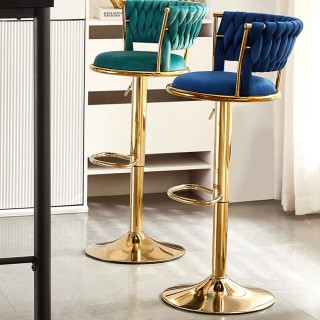 BAKAJI  Σετ 2 Σκαμπό Κουζίνας Μπαρ με Πλεκτή Πλάτη σε Μπλε Βελούδο ...