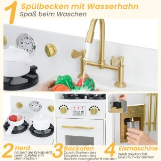 Costway Παιδική Ξύλινη Κουζίνα με Νεροχύτη και Παγομηχανή - Λευκή T...