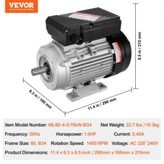 Ηλεκτροκινητήρας VEVOR 0.75KW 1400RPM 220~240V 1-Φάση TYJLIECDJ172... Ηλεκτροκινητήρας VEVOR 0.75KW 1400RPM 220~240V 1-Φάση TYJLIECDJ172...