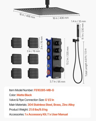 VEVOR Σετ Ντους Οροφής, Θερμοστατικό Σύστημα Βροχής με 6 Πίδακες Σώ... VEVOR Σετ Ντους Οροφής, Θερμοστατικό Σύστημα Βροχής με 6 Πίδακες Σώ...