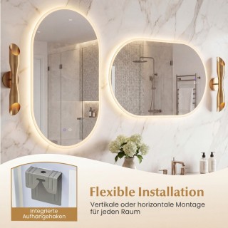 Costway Οβάλ Φωτιζόμενος Καθρέφτης Μπάνιου 80 x 50cm με Αντιθαμβωτι...