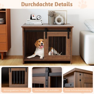 Costway Καφέ Κλουβί Σκύλων από Μέταλλο και Ξύλο με Συρόμενη Πόρτα P...