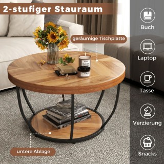 Costway Στρογγυλό Τραπεζάκι με Ξύλινη Υφή και Μεταλλικό Πλαίσιο, Δι...