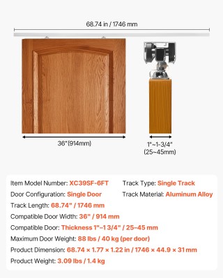 VEVOR Σετ Συρόμενης Πόρτας 1746 mm με Μηχανισμό Soft Close για Ομαλ...