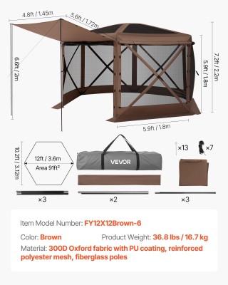 VEVOR Μεγάλη Εξάπλευρη Σκηνή Gazebo 3.6 x 3.6 m με Αφαιρούμενη Οροφ...
