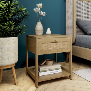 Σετ 2 Κομοδίνων με 1 Συρτάρι & 1 Ράφι – Φυσικό Ξύλο & Ροτάν 40 x 40...