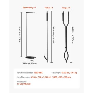 VEVOR Σετ Εργαλείων Τζακιού 3 Τεμαχίων με Βάση, Λαβίδες και Πόκερ Σ...