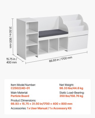 VEVOR Παιδική Γωνιά Ανάγνωσης: Ξύλινος Πάγκος Αποθήκευσης με Πλάτη ...