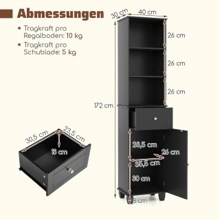 Costway Στενή μαύρη ντουλάπα μπάνιου, με 3 ανοιχτά ράφια, 1 συρτάρι...