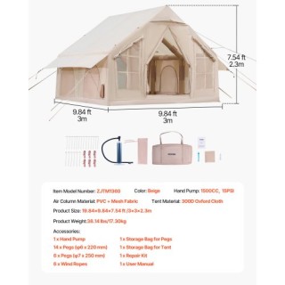 VEVOR Φουσκωτή Σκηνή Glamping 4-6 Ατόμων με Αντλία Εύκολη Στήσιμο K...