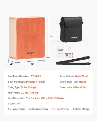 VEVOR Ξύλινο Κρουστό Κιβώτιο Cajon με Χορδές Κιθάρας και Τσάντα Μετ...