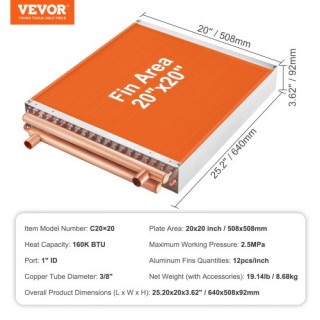 Εναλλάκτης Θερμότητας VEVOR 20x20 Νερού σε Αέρα 3 Σειρών  CPGSHRQ20...
