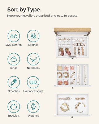 SONGMICS Ξύλινη Μπιζουτιέρα - Κοσμηματοθήκη 3 Επιπέδων με Κλειδαριά...