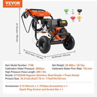 VEVOR  Πλυστικό Μηχάνημα Βενζίνης 3500 PSI 10L/min 2.6 GPM με 5 Ακρ...