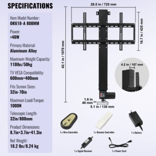 Ηλεκτρική Βάση Ανύψωσης Τηλεόρασης VEVOR για 26-60 Οθόνες DSZJ800M... Ηλεκτρική Βάση Ανύψωσης Τηλεόρασης VEVOR για 26-60 Οθόνες DSZJ800M...