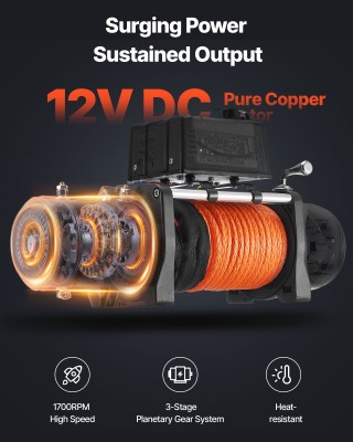 VEVOR Ηλεκτρικός Γρύλος 12V DC, 5400 kg, με Συνθετικό Σχοινί, Αδιάβ...
