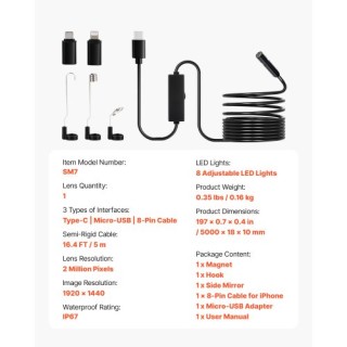 VEVOR Ενδοσκοπική Κάμερα Υψηλής Ανάλυσης για Android & iOS με Καλώδ...